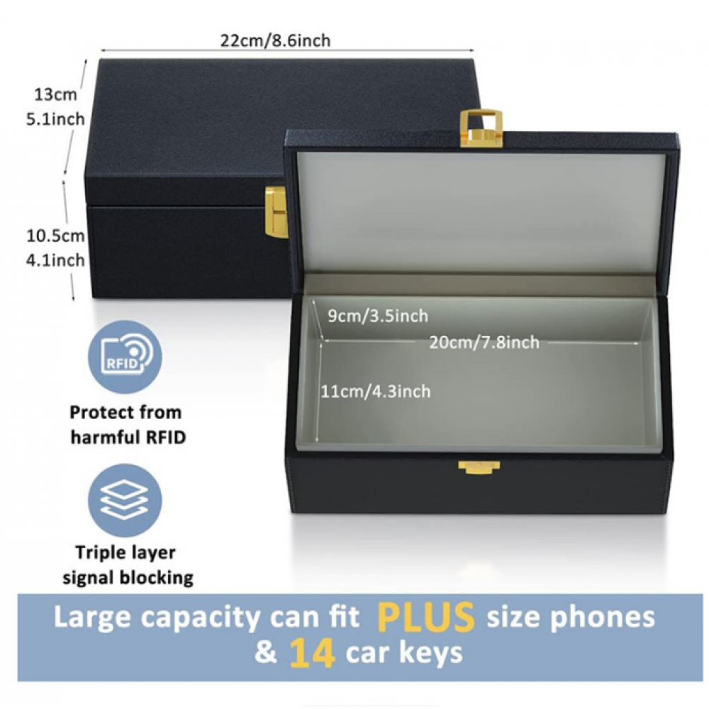 Макси-размер коробка Фарадея! 22 см x 13 см x 10,5 см. Вместимость до 5 телефонов и 9 автомобильных ключей! Двойной защитный слой